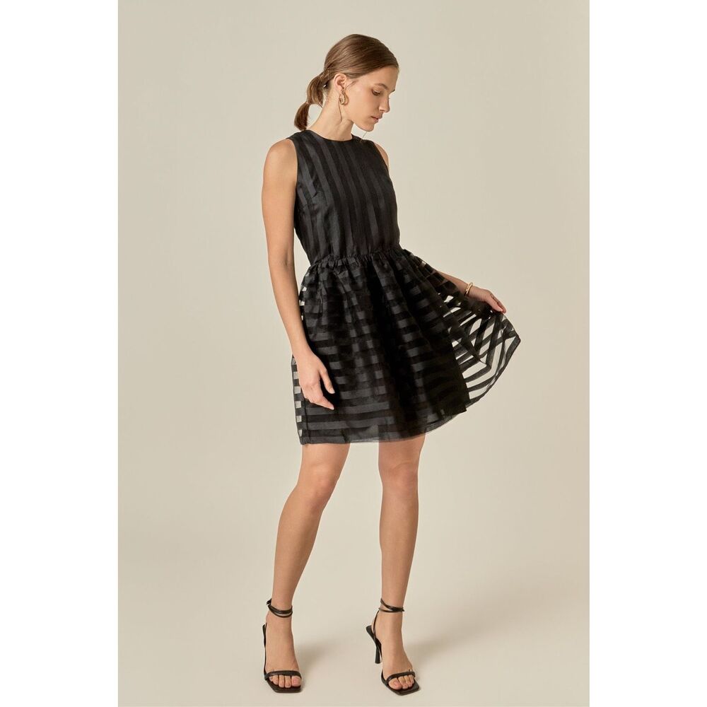 English Factory STRIPED ORGANZA SLEEVELESS MINI DRESS Black Medium #400